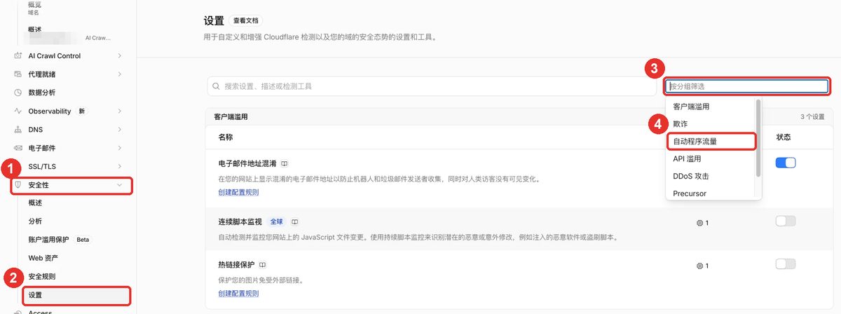 Cloudflare 后台安全性设置页，按分组筛选选择自动程序流量