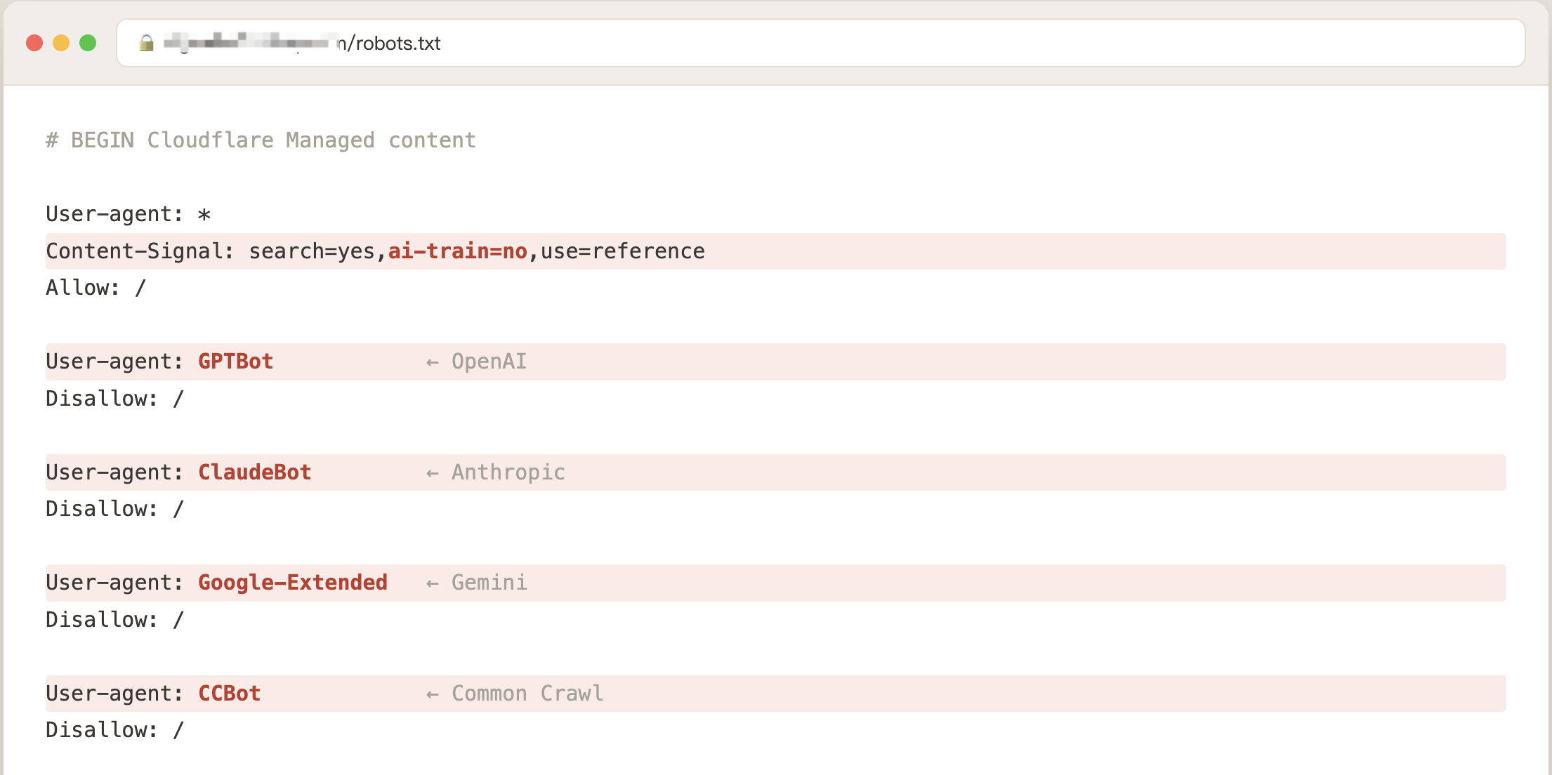查看 robots.txt 里 Cloudflare 注入的 AI 爬虫黑名单