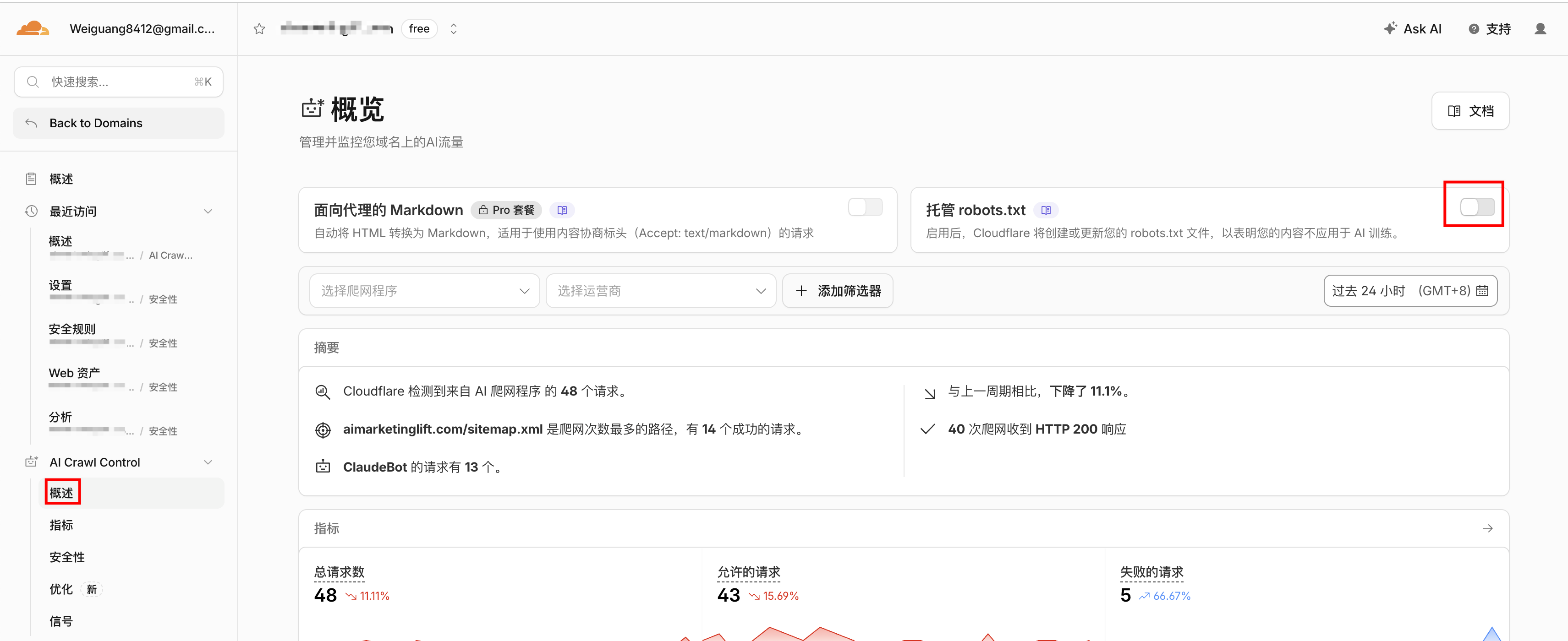 在 AI Crawl Control 概览页关掉托管 robots.txt 开关