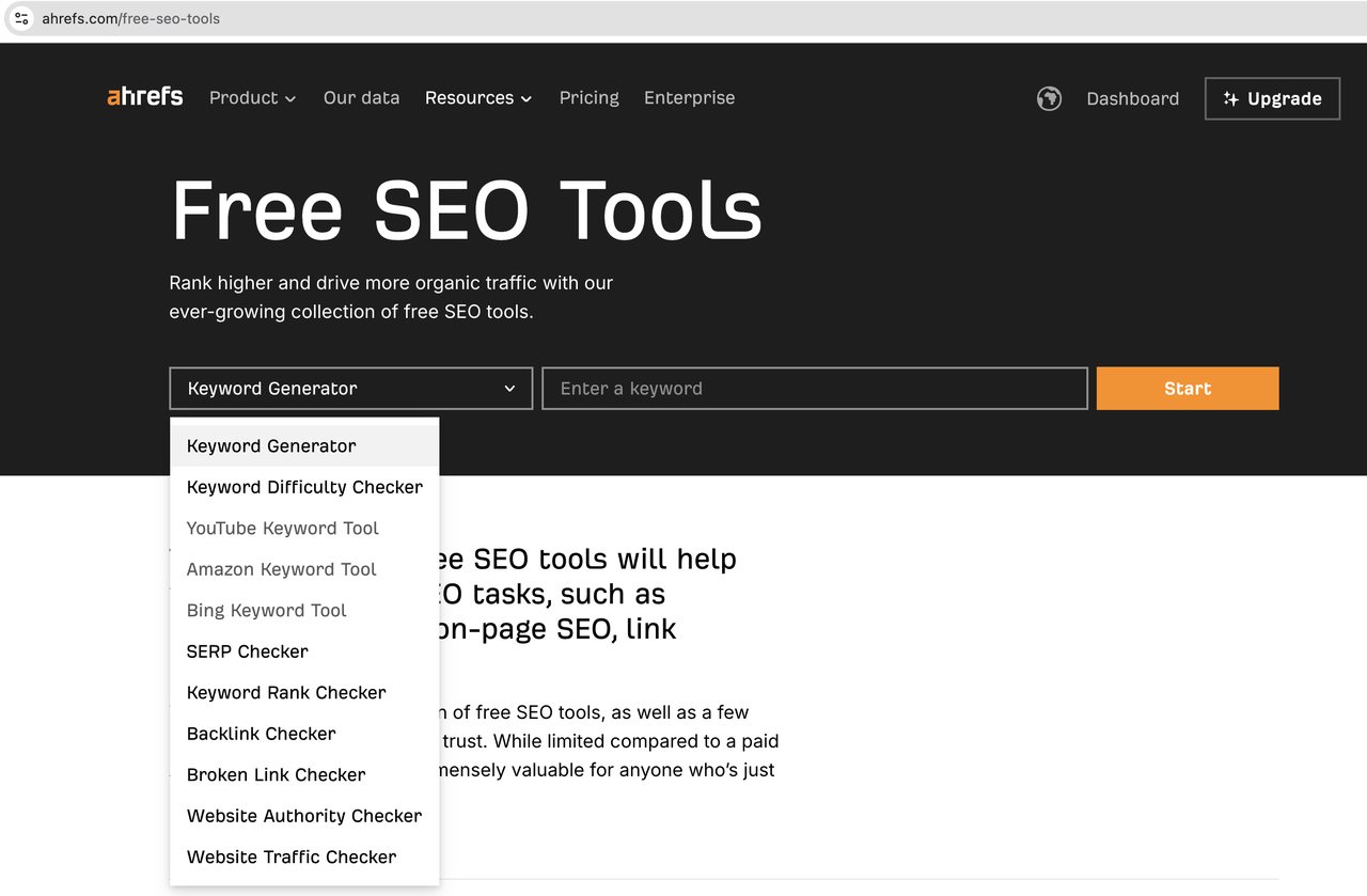 Ahrefs Free SEO Tools 页面，左侧展开关键词生成器、难度检查器、反向链接检查器等免费工具列表